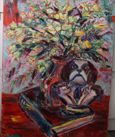 Painting titled "Dog statue on the b…" by Yuliya Gündoğan (ostbiju_art), Original Artwork, Oil Mounted on Wood Stretcher fra…