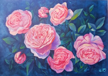 Painting titled "Red Roses Painting…" by Yuliya Illarionova, Original Artwork, Oil Mounted on Wood Stretcher frame