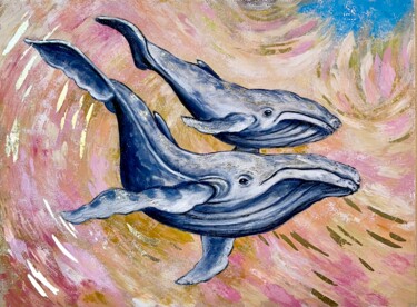 Malerei mit dem Titel "whales" von Yuliia Kiselova, Original-Kunstwerk, Acryl Auf Keilrahmen aus Holz montiert