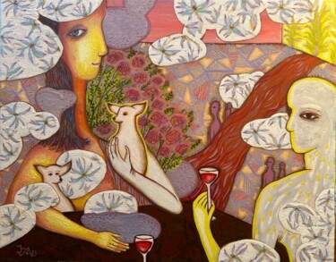 Schilderij getiteld "Woman with Two Chih…" door Yuliya Pochynok (JJ Julia), Origineel Kunstwerk, Olie Gemonteerd op Frame vo…