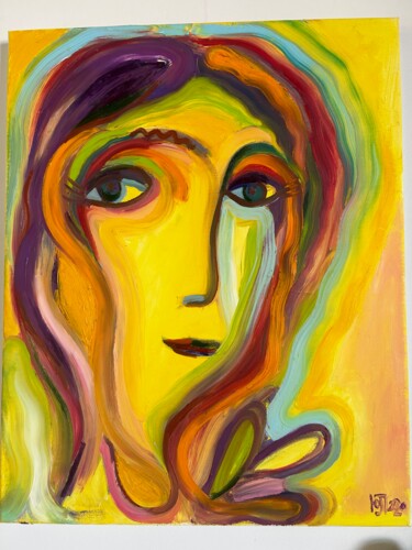 Painting titled "Yellow Girl." by Yuliya Pochynok (JJ Julia), Original Artwork, Oil Mounted on Wood Stretcher frame