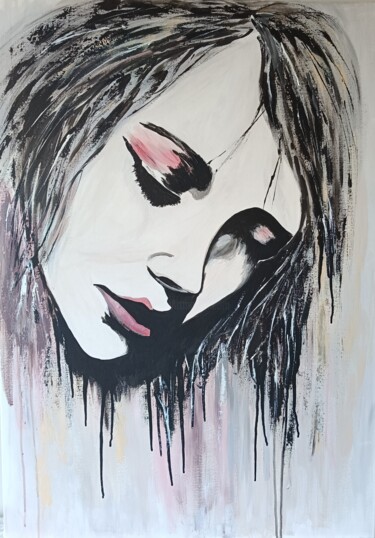 Painting titled "Sad" by Yuliya Zhuk, Original Artwork, Acrylic Mounted on Wood Stretcher frame