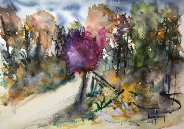 Malerei mit dem Titel "Una strada nel bosco" von Yūrei, Original-Kunstwerk, Aquarell