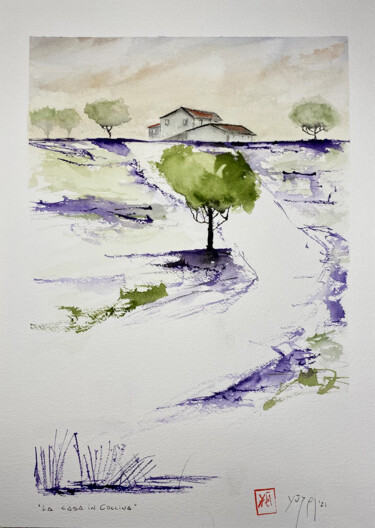 Painting titled "La casa in collina" by Yūrei, Original Artwork, Watercolor