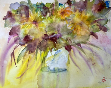 Peinture intitulée "Tre fiori gialli" par Yūrei, Œuvre d'art originale, Aquarelle