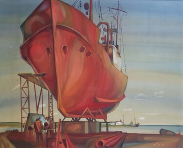 Peinture intitulée "The Red Ship" par Yuri  And  Irina Gretsky, Œuvre d'art originale, Aquarelle