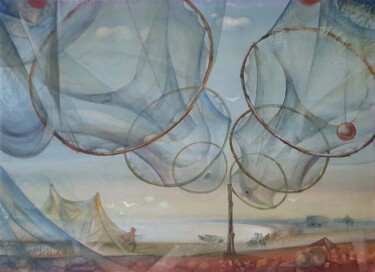 Painting titled "Fishermen's Shore" by Yuri  And  Irina Gretsky, Original Artwork, Watercolor