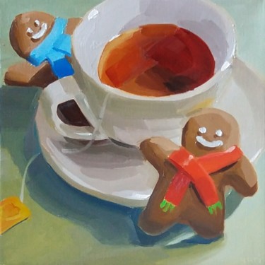 Schilderij getiteld "Tea and Two Gingerb…" door Yuri Tayshete, Origineel Kunstwerk, Olie