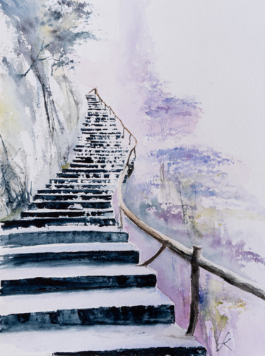 Peinture intitulée "Stairway" par Yuriy Kraft, Œuvre d'art originale, Aquarelle