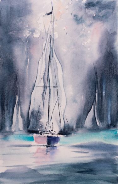 Malerei mit dem Titel "***Sailing XVI***" von Yuriy Kraft, Original-Kunstwerk, Aquarell