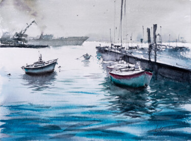 Schilderij getiteld "***Harbour III***" door Yuriy Kraft, Origineel Kunstwerk, Aquarel