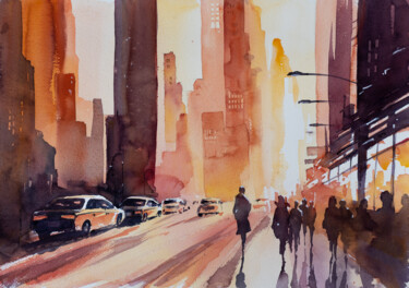 Painting titled ""Metropolis in Gold…" by Yuriy Kraft, Original Artwork, Watercolor