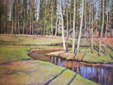 Painting titled "under the spring ra…" by Yury Sapozhnikov, Original Artwork, Oil