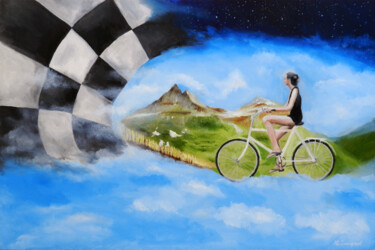Painting titled "Girl on a bike" by Yury Smirnov, Original Artwork, Oil Mounted on Wood Stretcher frame