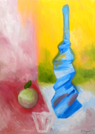 Pintura titulada "Wine bottle and app…" por Yury Smirnov, Obra de arte original, Oleo Montado en Bastidor de camilla de made…