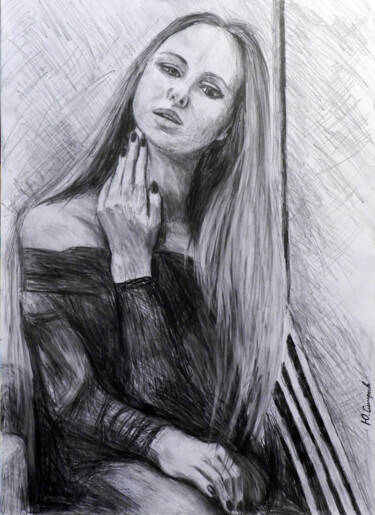 图画 标题为“Ksenia and paintings” 由Yury Smirnov, 原创艺术品, 石墨
