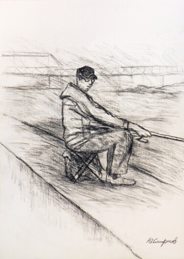 Drawing titled "Fisherman" by Yury Smirnov, Original Artwork, Charcoal