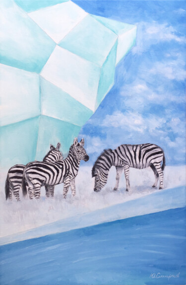 「Three zebras」というタイトルの絵画 Yury Smirnovによって, オリジナルのアートワーク, オイル ウッドストレッチャーフレームにマウント