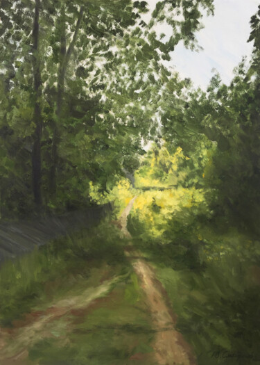 Malarstwo zatytułowany „Road in the village…” autorstwa Yury Smirnov, Oryginalna praca, Olej Zamontowany na Drewniana rama n…