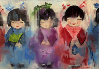 Schilderij getiteld "poupées japonaises" door Yveline Javer, Origineel Kunstwerk, Olie