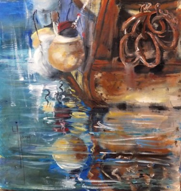 Painting titled "Bateau à quai" by Yveline Javer, Original Artwork, Oil