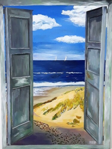 Schilderij getiteld "Vue sur mer" door Yves Burban, Origineel Kunstwerk, Acryl Gemonteerd op Frame voor houten brancard