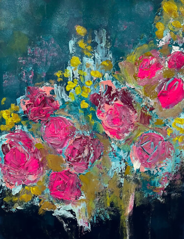 Painting titled "Roses dans la nuit" by Yves Marie Yvin, Original Artwork, Acrylic