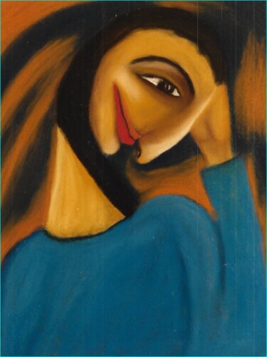 Disegno intitolato "Femme en tunique bl…" da Zahra Sarah Toughrai, Opera d'arte originale, Pastello