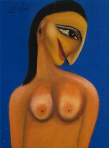 Disegno intitolato "Femme aux seins nus" da Zahra Sarah Toughrai, Opera d'arte originale, Pastello