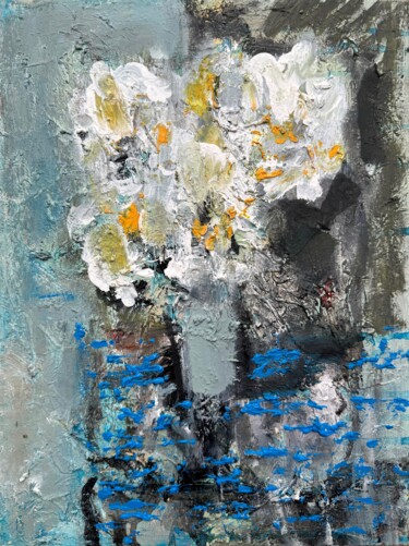 Painting titled "White Flowers in Gl…" by Zakhar Shevchuk, Original Artwork, Oil Mounted on Wood Stretcher frame