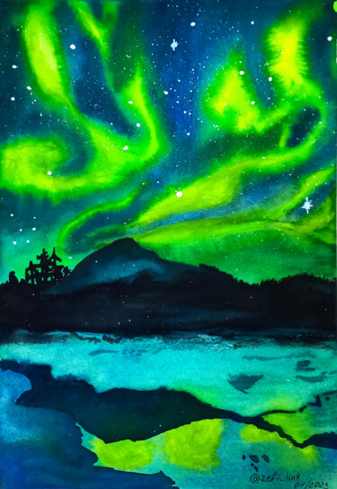 Pittura intitolato "Northern Light land…" da Zefi Link, Opera d'arte originale, Acquarello