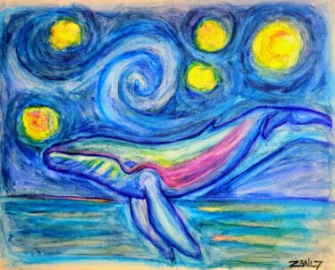 Картина под названием "Whale of a starie n…" - Zen Lucero, Подлинное произведение искусства, Акварель Установлен на Деревянн…