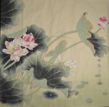 Painting titled "Pure Lotus I  净莲1" by Huizhen Zhang Zhang Hui Zhen, Original Artwork, Pigments