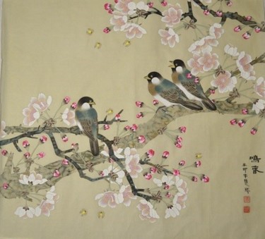 「Tweeting spring 鸣春」というタイトルの絵画 Huizhen Zhang 张慧珍によって, オリジナルのアートワーク, 顔料