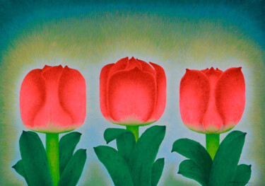 「三朵郁金香2」というタイトルの絵画 张开溪によって, オリジナルのアートワーク, オイル ウッドストレッチャーフレームにマウント