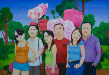 Painting titled "天蓝树绿花盛开" by Zhang Kai Xi, Original Artwork, Oil Mounted on Wood Stretcher frame
