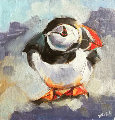 Painting titled "Puffin Art Bird Wal…" by Zhanna Kan, Original Artwork, Oil