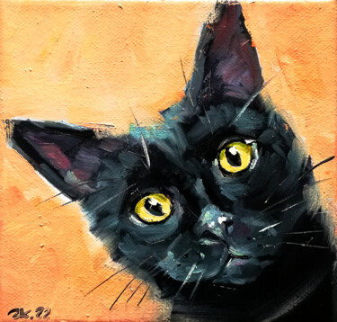 Painting titled "Black Cat Portrait,…" by Zhanna Kan, Original Artwork, Oil