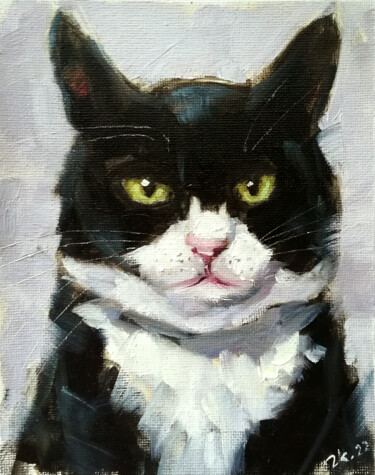 Painting titled "Black And White Cat…" by Zhanna Kan, Original Artwork, Oil