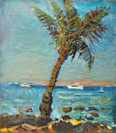 Peinture intitulée "Palm tree on the sh…" par Juliya Zhukova, Œuvre d'art originale, Huile