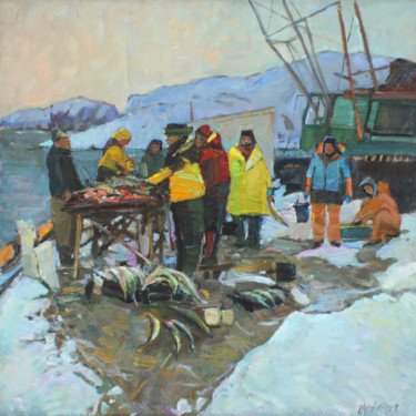 Картина под названием "Evening. Fishermen…" - Juliya Zhukova, Подлинное произведение искусства, Масло