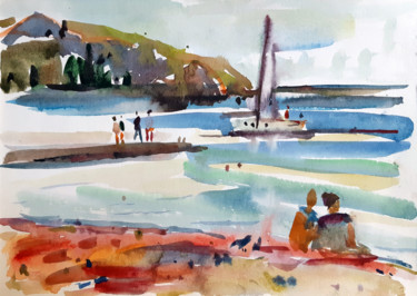 Peinture intitulée "Evening on the beach" par Juliya Zhukova, Œuvre d'art originale, Aquarelle
