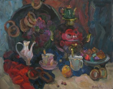 Pintura titulada "Tea with bread-rings" por Juliya Zhukova, Obra de arte original, Oleo