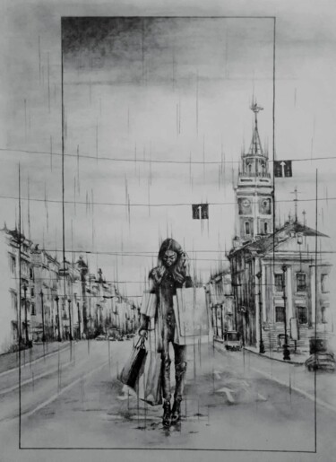 Drawing titled "Шопинг" by Evgenii Zibert, Original Artwork, Pencil Mounted on Cardboard
