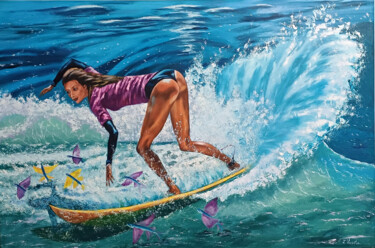 Painting titled "Surfer-Woman and Se…" by Zina Vysota, Original Artwork, Oil Mounted on Wood Stretcher frame