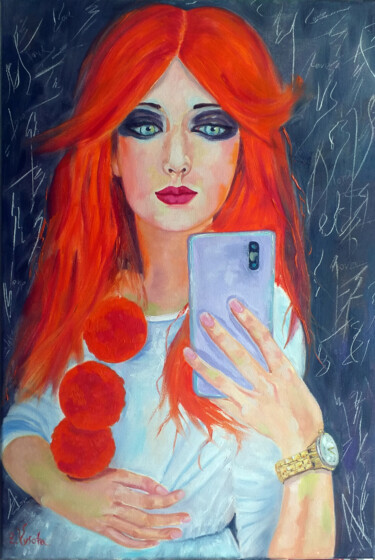 Painting titled "Girl With Phone." by Zina Vysota, Original Artwork, Oil Mounted on Wood Stretcher frame