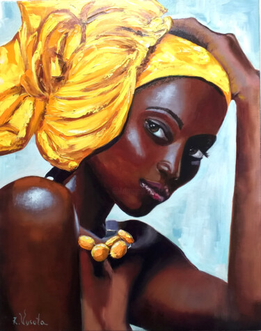 Painting titled "Yellow Decorations." by Zina Vysota, Original Artwork, Oil Mounted on Wood Stretcher frame