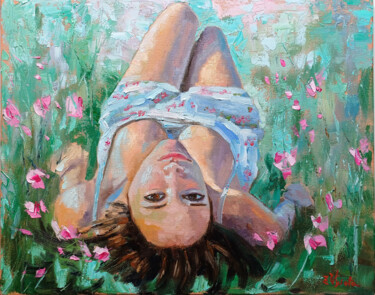 Painting titled "Summer Outfit - Wom…" by Zina Vysota, Original Artwork, Oil Mounted on Wood Stretcher frame