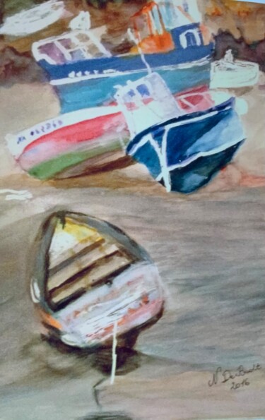 Painting titled "Bateaux Île de Batz" by Zoé Valy, Original Artwork, Watercolor Mounted on Cardboard