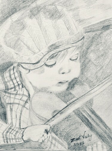 Desenho intitulada "Petit violoncelliste" por Zoé Valy, Obras de arte originais, Lápis Montado em Cartão